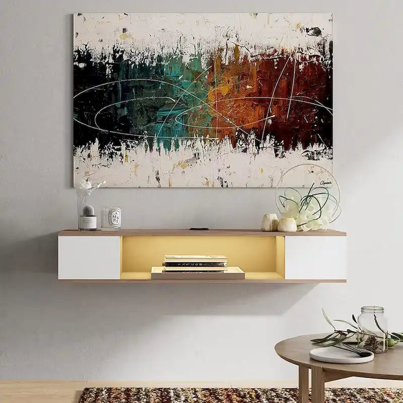 Meuble TV flottant mural, meuble de divertissement mural, console média, étagère murale en bois pour TV, gris et blanc crème