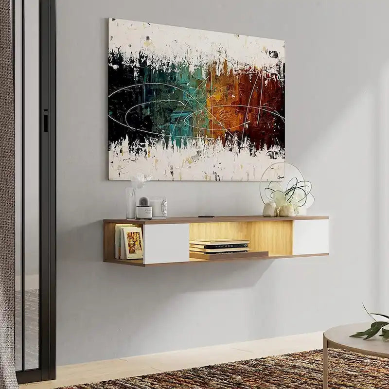 Meuble TV flottant mural, meuble de divertissement mural, console média, étagère murale en bois pour TV, gris et blanc crème