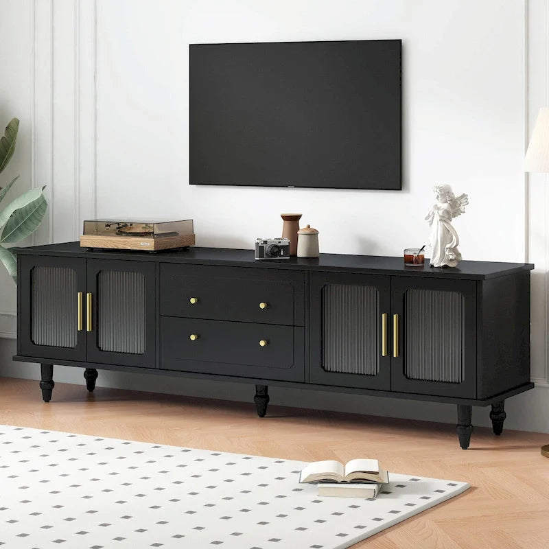 Meuble TV Rétro avec Portes en Verre Canelé pour Téléviseurs Jusqu'à 78 Pouces