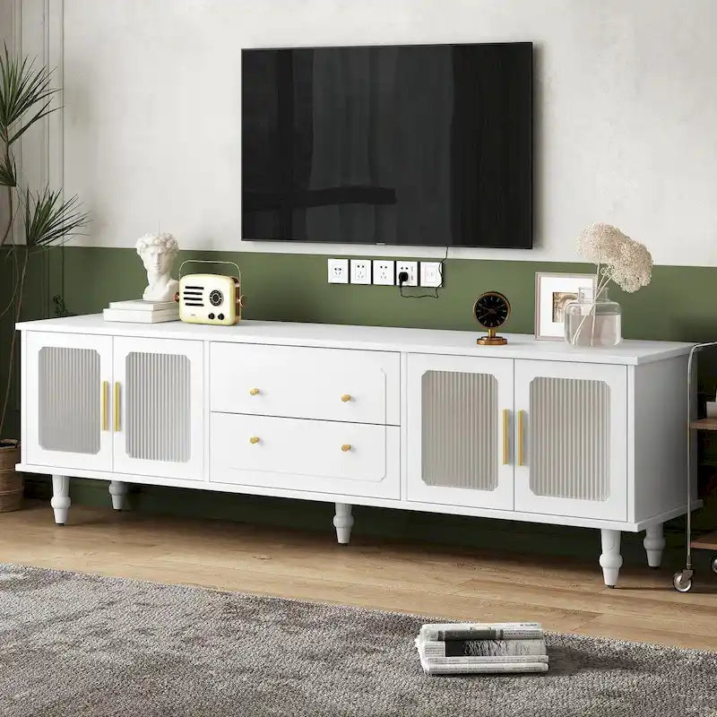 Meuble TV Rétro avec Portes en Verre Canelé pour Téléviseurs Jusqu'à 78 Pouces