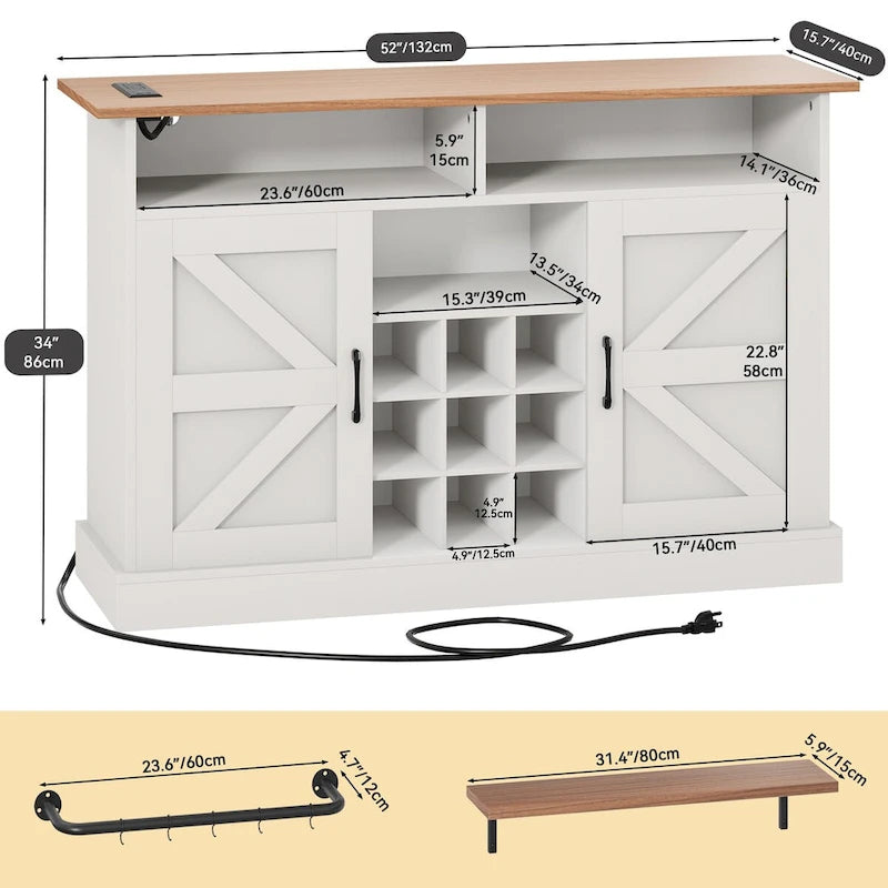 Meuble de bar à café 52Farmhouse avec étagère flottante – 15,75P x 52L x 34H