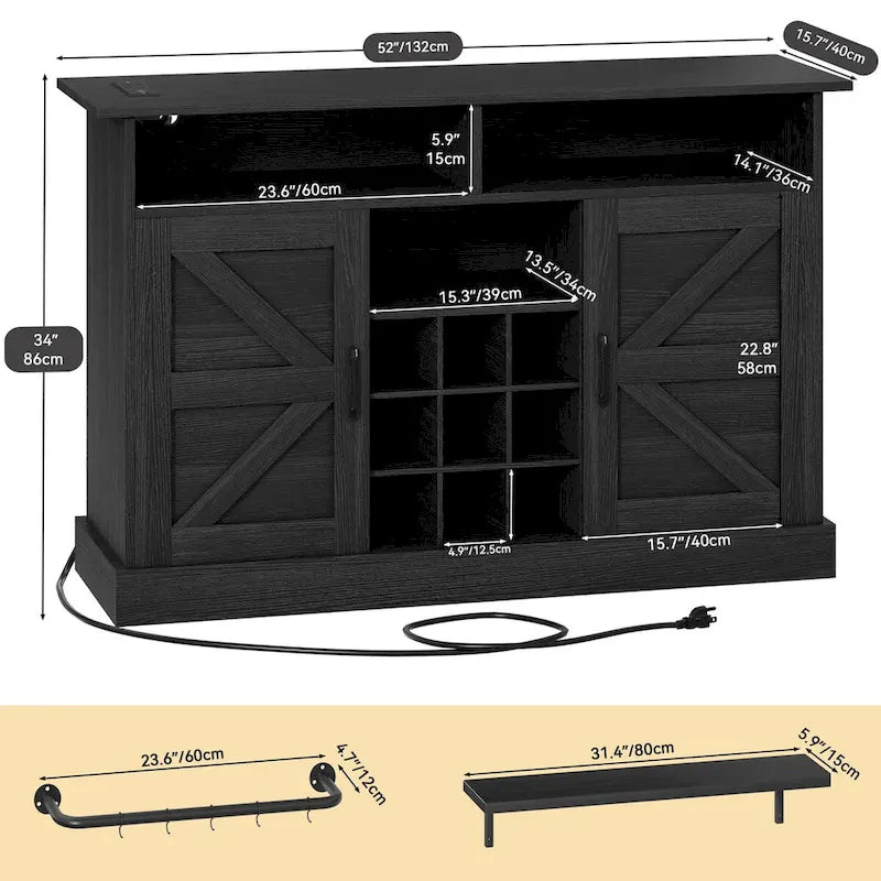 Meuble de bar à café 52Farmhouse avec étagère flottante – 15,75P x 52L x 34H