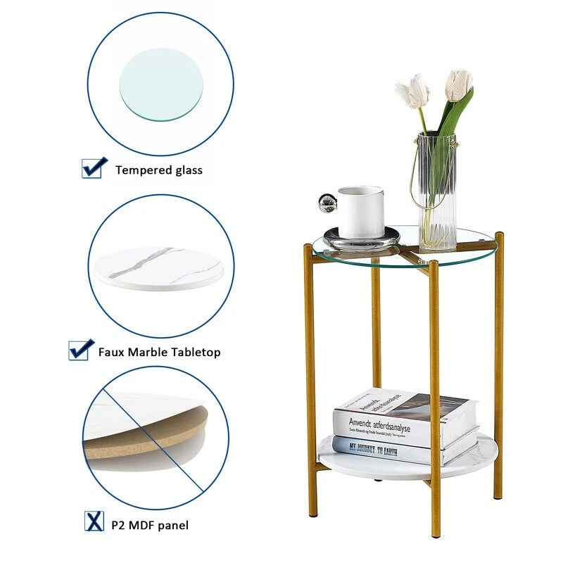 Table d'appoint ronde à 2 niveaux avec verre trempé, tables d'extrémité modernes