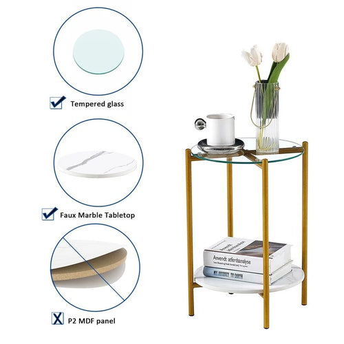 Table d'appoint ronde à 2 niveaux avec verre trempé, tables d'extrémité modernes