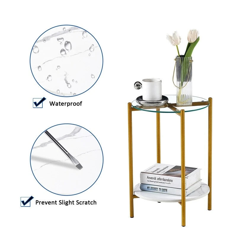 Table d'appoint ronde à 2 niveaux avec verre trempé, tables d'extrémité modernes