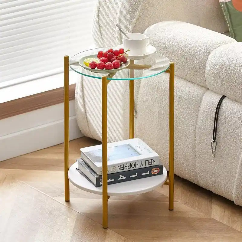 Table d'appoint ronde à 2 niveaux avec verre trempé, tables d'extrémité modernes
