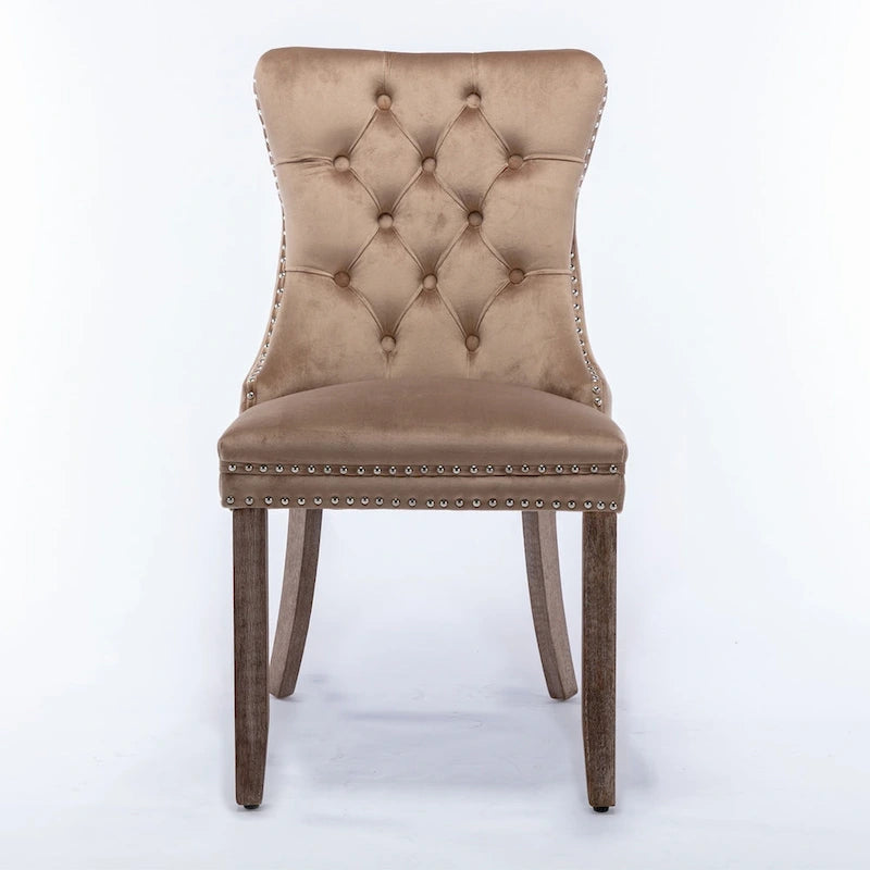 Chaise de salle à manger contemporaine haut de gamme en velours capitonné avec pieds en bois et clous décoratifs, lot de 2 pièces.