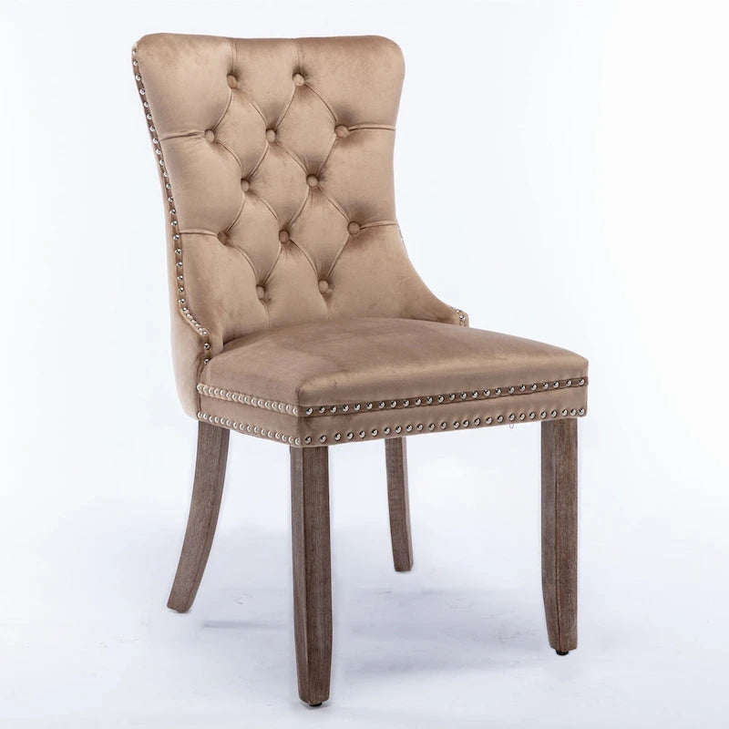 Chaise de salle à manger contemporaine haut de gamme en velours capitonné avec pieds en bois et clous décoratifs, lot de 2 pièces.