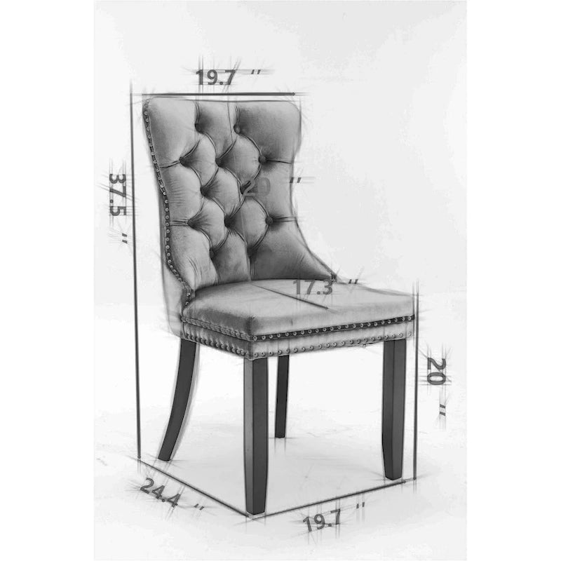 Chaise de salle à manger contemporaine haut de gamme en velours capitonné avec pieds en bois et clous décoratifs, lot de 2 pièces.