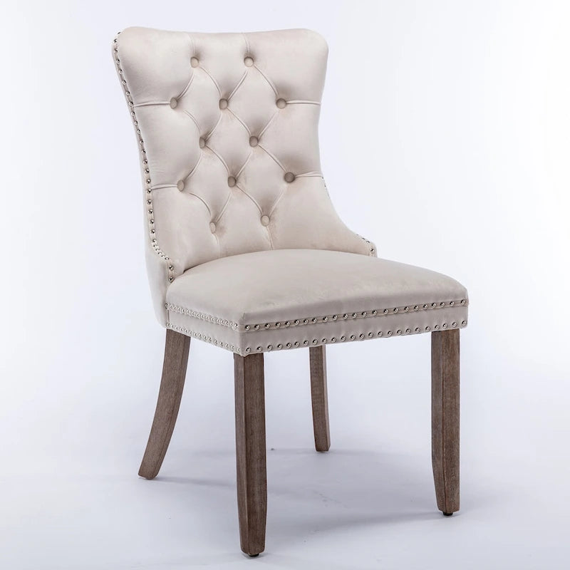 Chaise de salle à manger contemporaine haut de gamme en velours capitonné avec pieds en bois et clous décoratifs, lot de 2 pièces.
