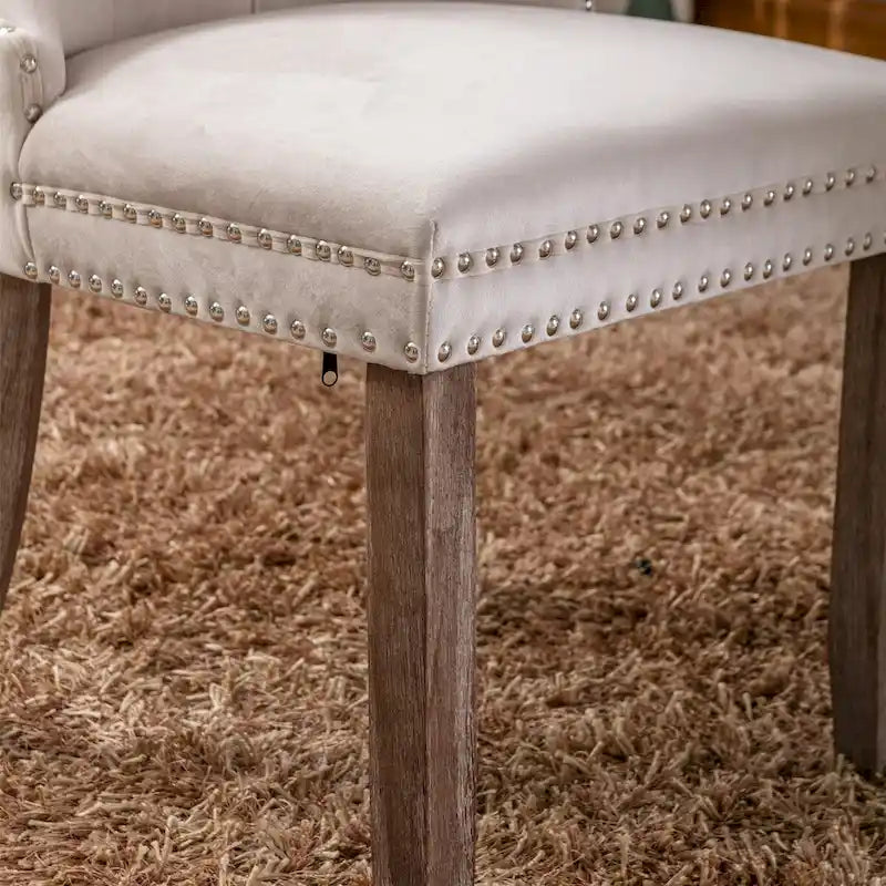 Chaise de salle à manger contemporaine haut de gamme en velours capitonné avec pieds en bois et clous décoratifs, lot de 2 pièces.