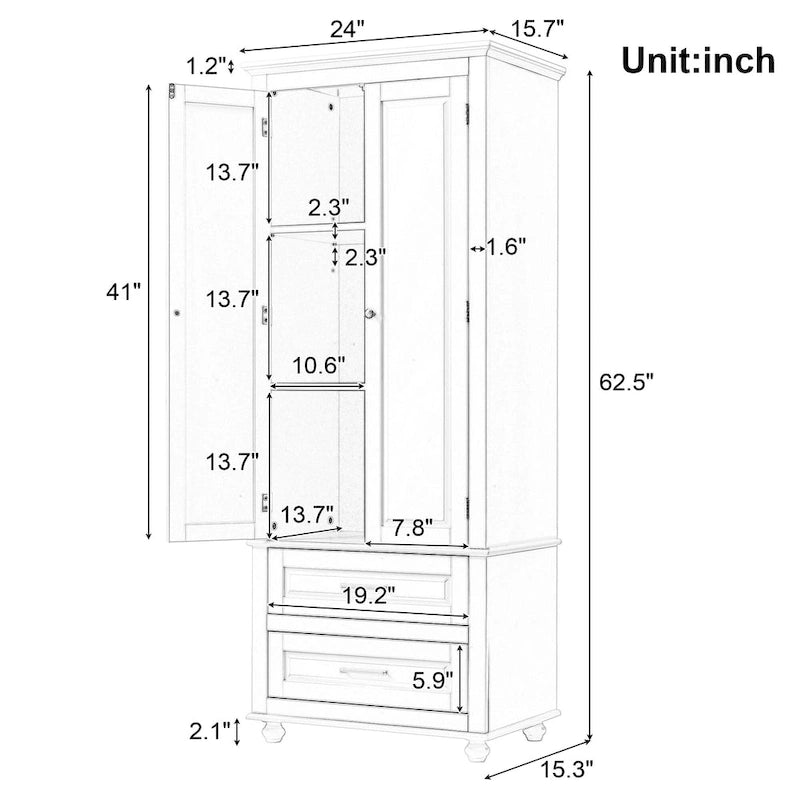 Meuble de rangement haut indépendant avec 2 tiroirs et 2 portes pour salle de bain/bureau