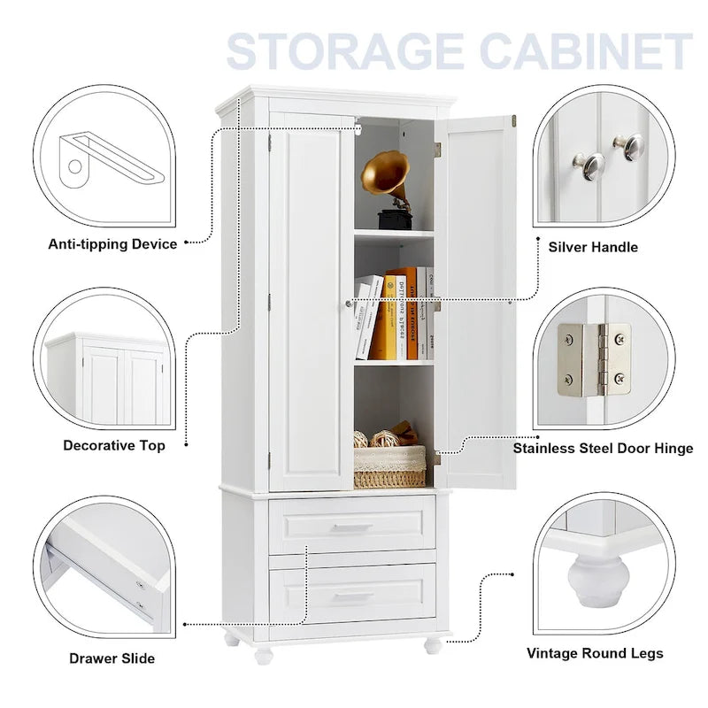 Meuble de rangement haut indépendant avec 2 tiroirs et 2 portes pour salle de bain/bureau