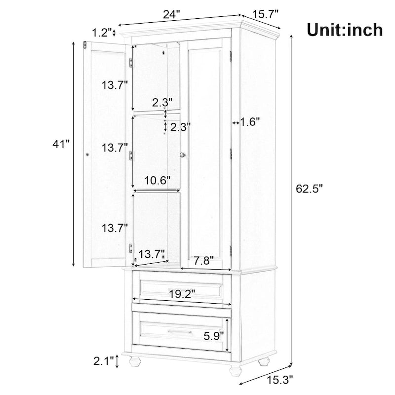 Meuble de rangement haut indépendant avec 2 tiroirs et 2 portes pour salle de bain/bureau